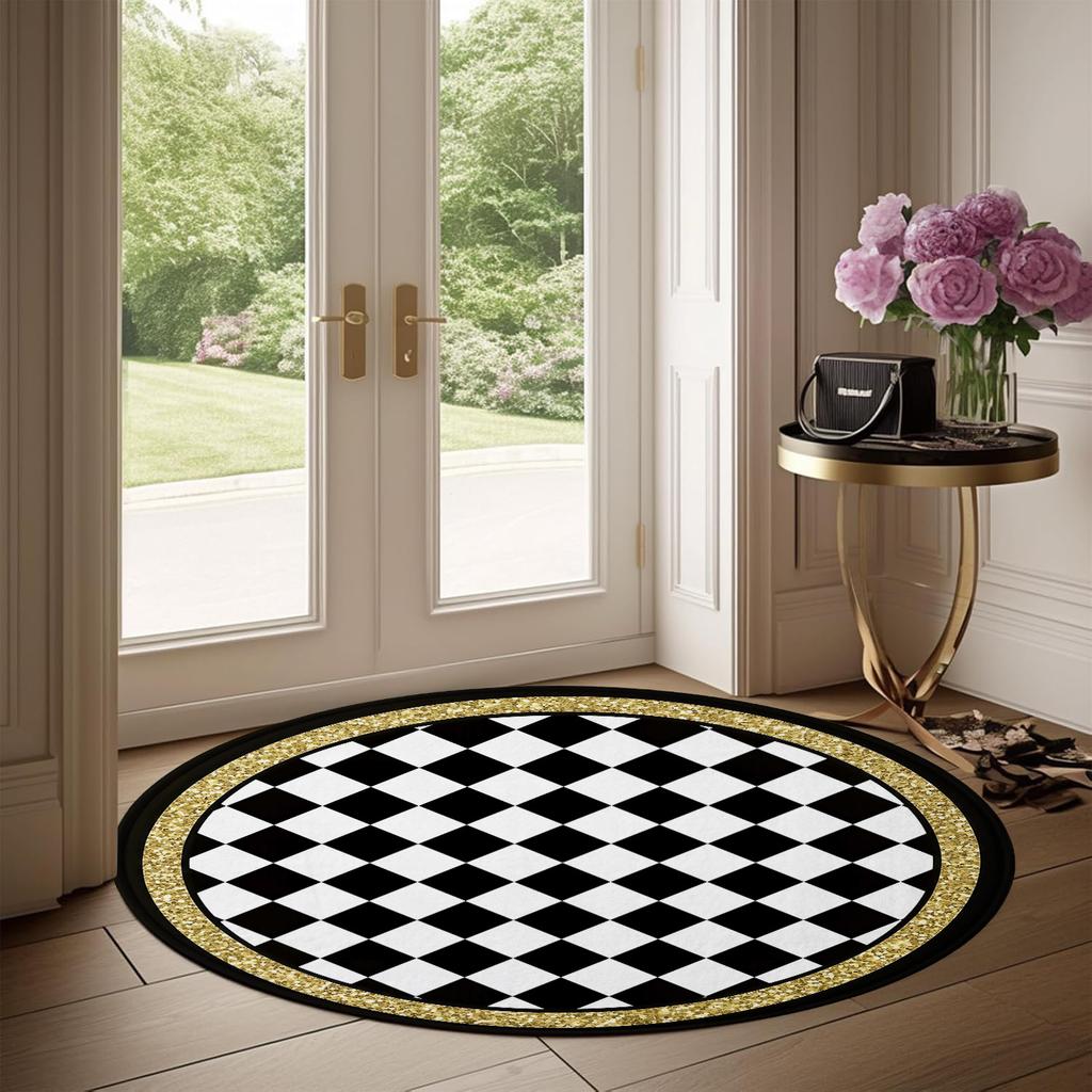 Black & White Checkerboard Round Rug with Gold Trim, Modern Geometric Non-Slip Floor Mat for Entryway & Living Room