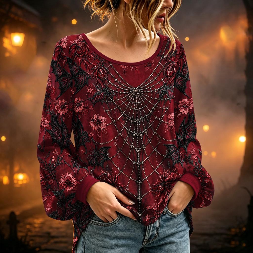 Women's Round Neck Long Sleeve Halloween Print Blouse Top for Party Wear