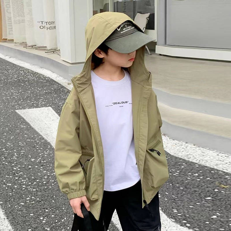 Boys Spring Hooded Jackets Windbreaker Teenager Autumn Solid Casual Trench Coat