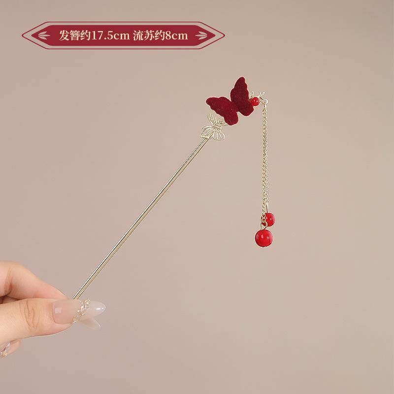 Vintage Chinese Style Rose Hairpin For Women Red Flower Element Tassel Hair Stick Elegant Exquisite Handmade Hair Accessories