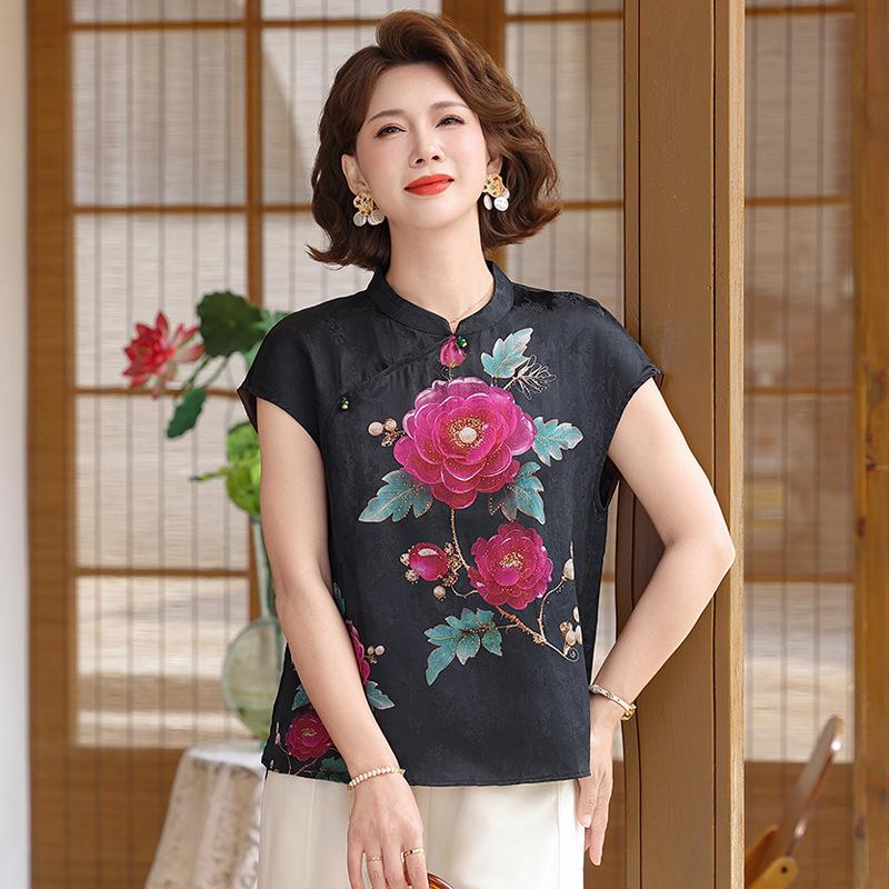 Chinese-style Frog Button Printed Summer Top for Middle-aged Women