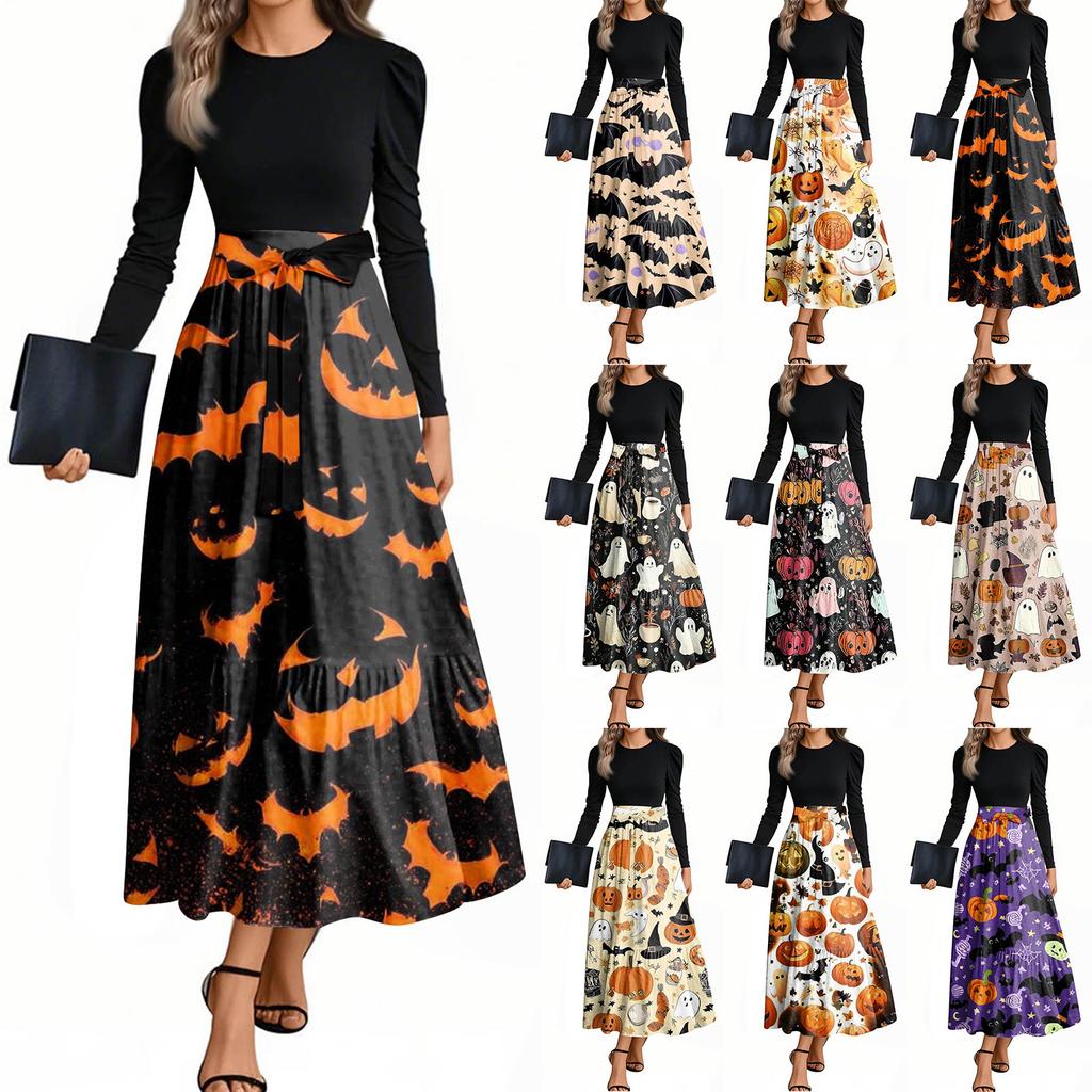 Women's Fashion Casual Belted Long Sleeve Round Neck Halloween Printed Elegant Temperament Dresses
