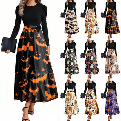 Women's Fashion Casual Belted Long Sleeve Round Neck Halloween Printed Elegant Temperament Dresses