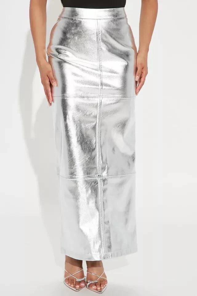 Women's Silver Skirt Stylish Trendy Handmade Pure Lambskin Leather Party Skirt