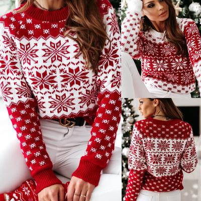 Suéter Feminino Quente de Inverno Floco de Neve de Natal Tricotado Manga Longa Gola O Jumper Feminino Moda Casual Pulôver Estampado Roupas