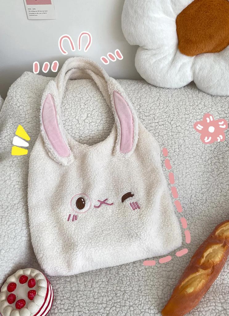 Faux Lamb Wool Women's Cartoon Shoulder Bag Soft Plush College Girls Book Tote Bags Lovely Bear Female Fluffy Shopper Handbags