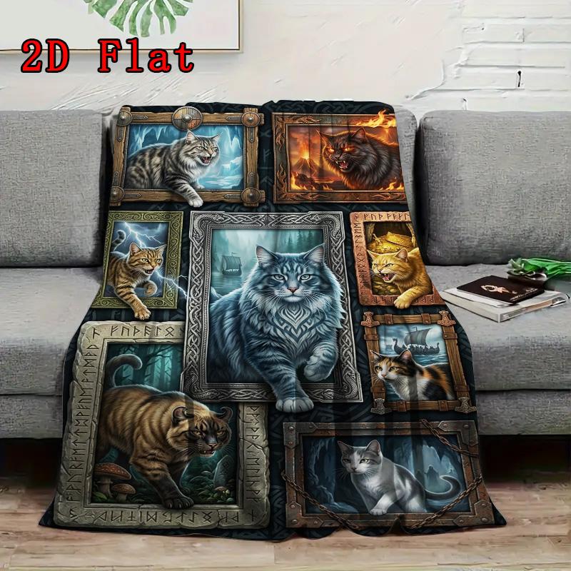 Feline Fantasy Portraits 2D Flat Pattern Flannel Blanket, High quality All Seasons, Home Decor, Warmth and Comfort, Perfect for Christmas Gifts.