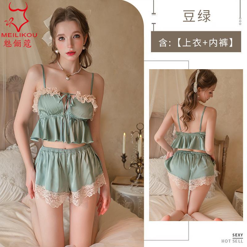 Sexy Underwear Ice Silk Comfortable Split Shorts Set Female Sexy Waist Thin Suspender Nightgown Loungewear