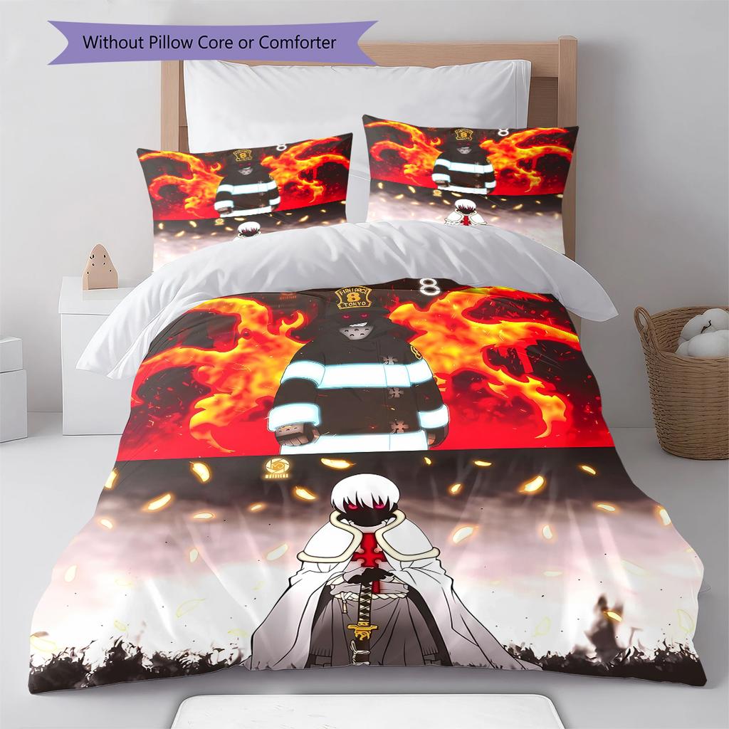 Fire Force Pattern Bedding,Quilt Set Quilt Cover Pillowcase Home Birthday Gift (1 * duvet cover + 2 * pillowcase, without core)