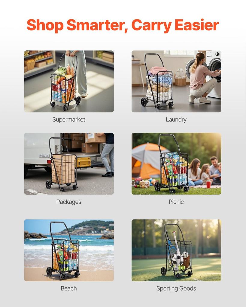 Shopping Cart, Folding Grocery Utility Cart with Swivel Wheels, 40.8 kg Large Load Capacity, Heavy Duty Rolling Laundry Basket Butler for Laundry,