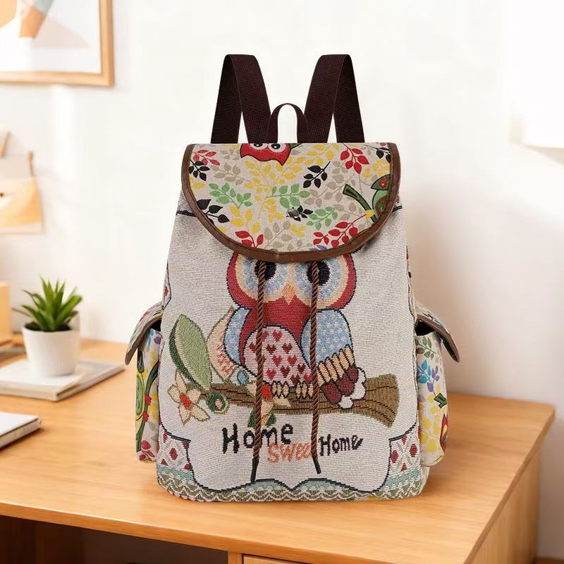 2026 New Female Ethnic Style Backpack Casual Plaid Drawstring Retro Women Large Capacity School Bag Drawstring Bucket Bag