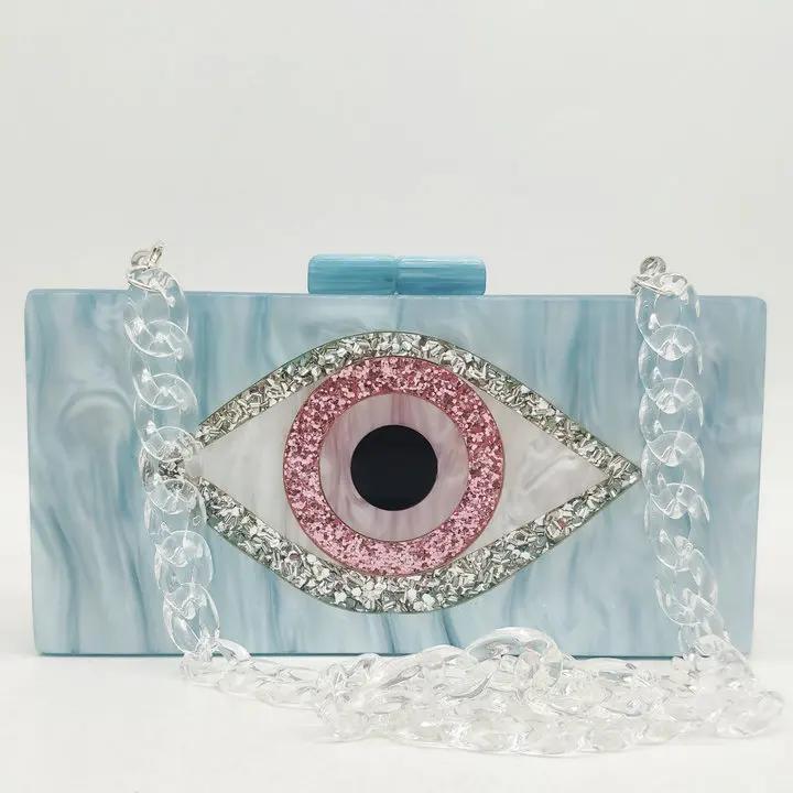 Boutique De FGG Evil Eye Acrylic Purse Women Black Evening Bags and Clutches Chain Shoulder Crossbody Bag Party Prom Clutch