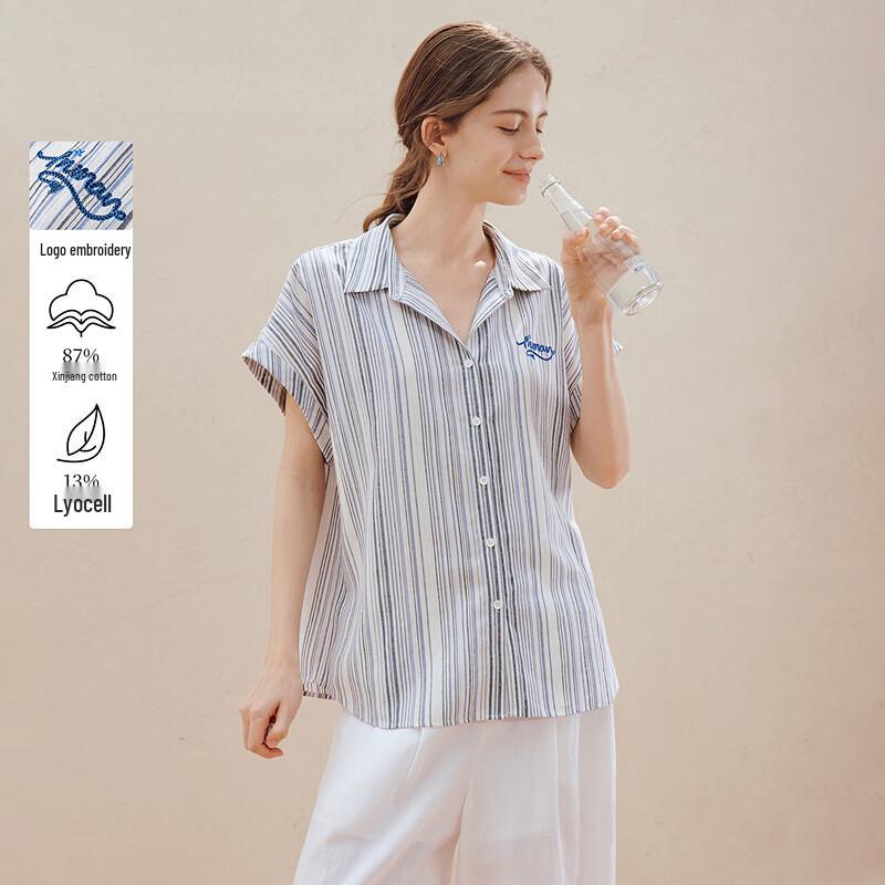 

INMAN Women s Embroidered Striped Cap Sleeve Shirt L