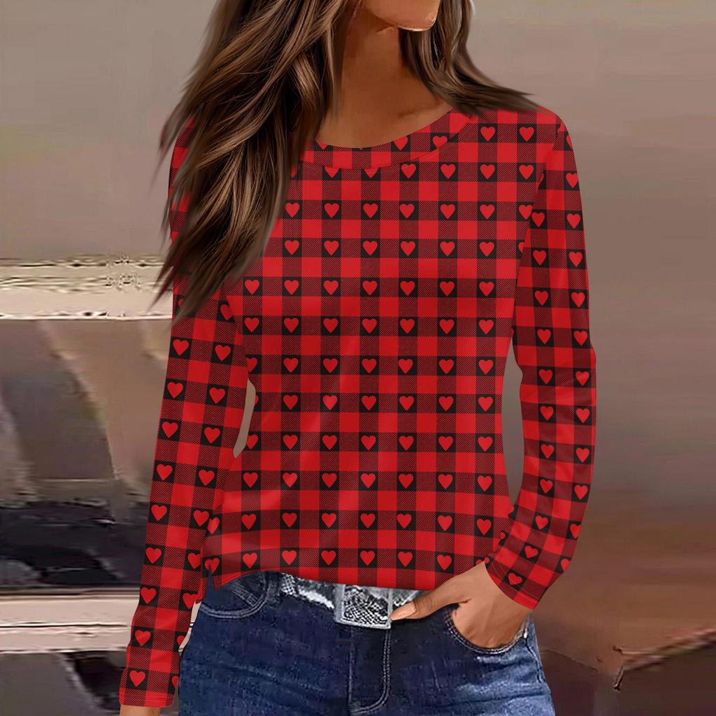 Women's Fashion Casual Slit Hem Round Neck Long Sleeve Loose Printed T-Shirt Ladies Top