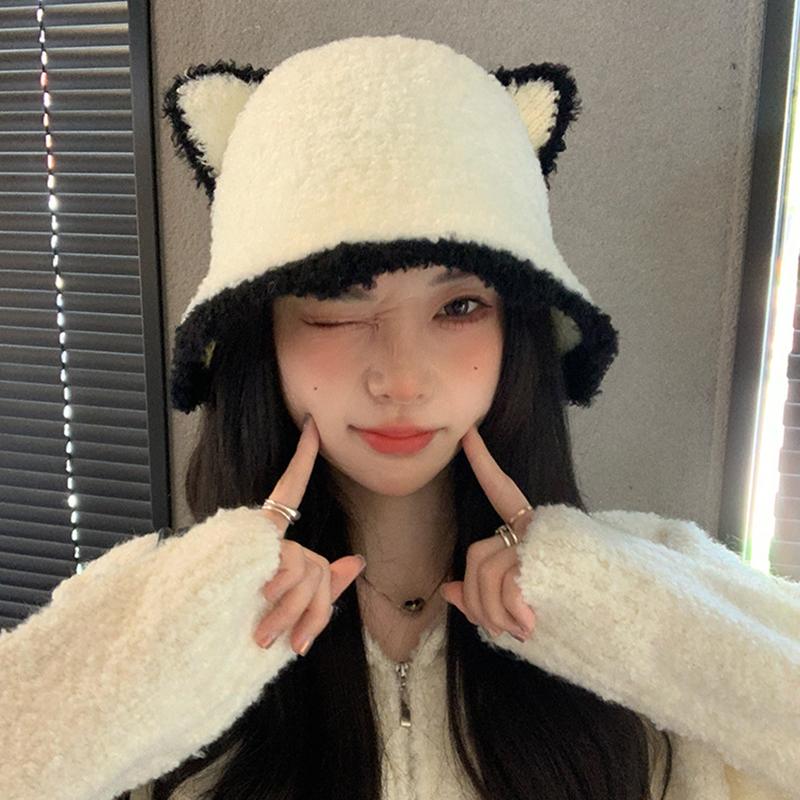 

1Pieces Bucket Hat Cute Cat Ear Wool Autumn And Winter Warm Chic Knitted Hat For Women Mountaineering scarf one size бежевый