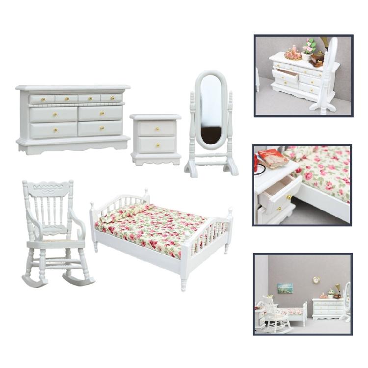 Antique Styles 1/12 Wood Doll House Bedroom Furniture Set Scene Display Accessory Craft Model Project Scene Decoration