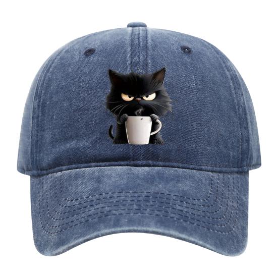 Casquette de baseball à motif chat réglable pare-soleil à bord incurvé chapeau de soleil unisexe style hip hop décontracté casquette café délavée