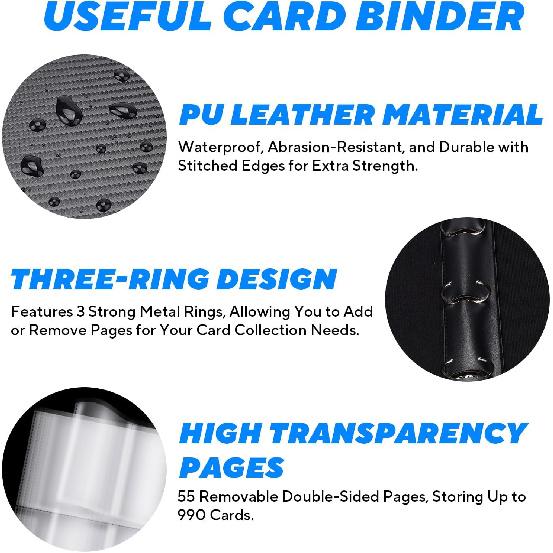Portable 9-Pocket Trading Card Binder, Holds 990 Cards with 55 Removable Double-Sided Sleeves, Baseball Card Binder Card Storage Organizer Album for