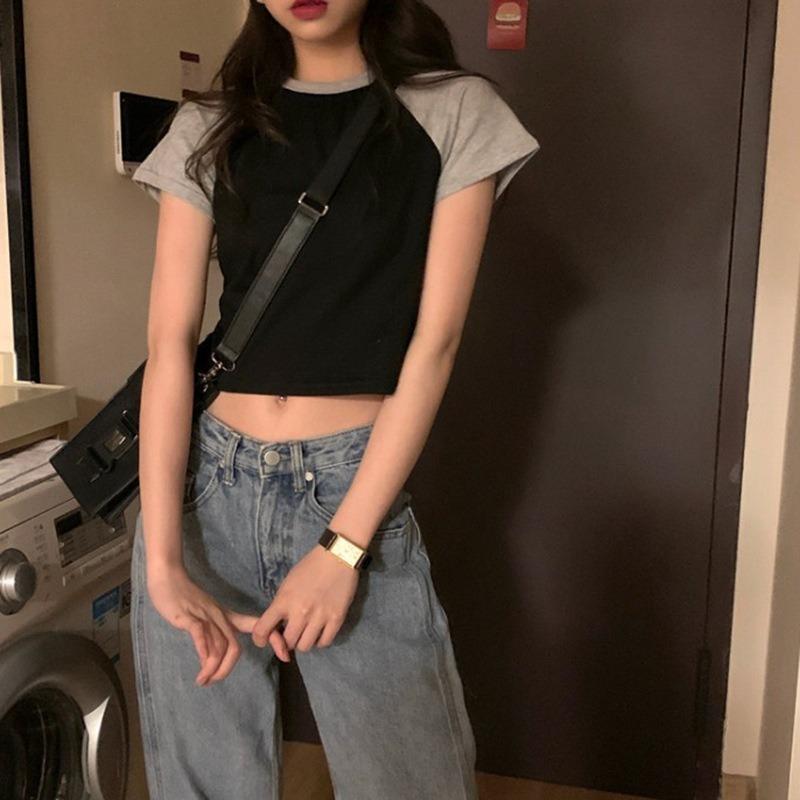 Короткий рукав женский корейский стиль высокая талия студенческий короткий топ летний пупок короткая футболка для женщин One size чёрный