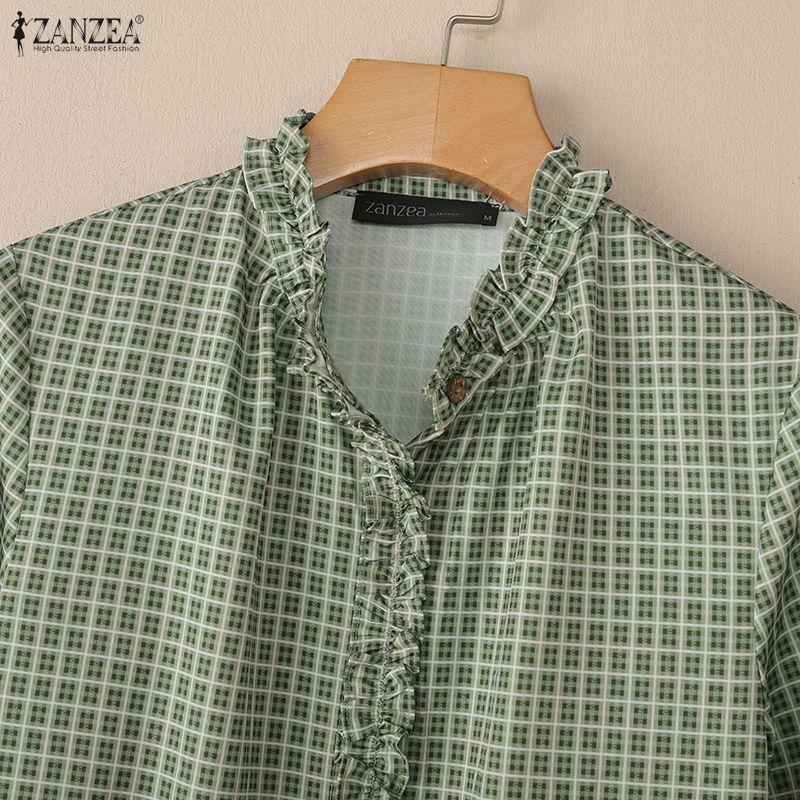 ZANZEA Women Grid Print Casual V-neck Loose Long Sleeve Blouse