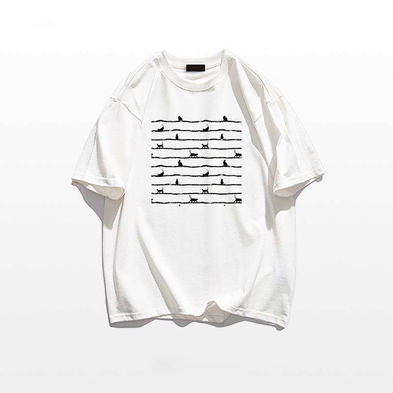 Women's Heavyweight Cotton Printed Short-Sleeve T-Shirt - 2025 Summer Collection, American Straight Shoulder, Loose Fit