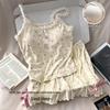 "Girls' Pure Desire Bear Print Suspender Pajama Set with Chest Pad - Summer Slim Fit Vest and Shorts"