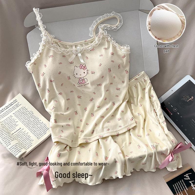 "Girls' Pure Desire Bear Print Suspender Pajama Set with Chest Pad - Summer Slim Fit Vest and Shorts"