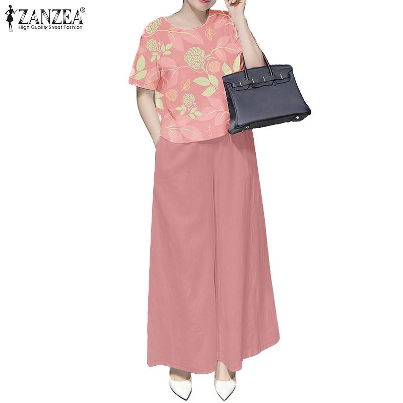 ZANZEA Women Short Sleeve Print Blouse and Pants Summer Two Piece Suit Sets