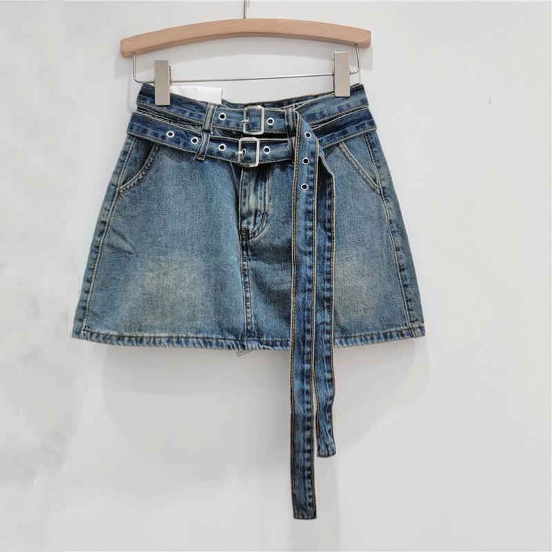 European station summer new high waist double belt washed denim skirt anti-light and thin hip skirt women S синий
