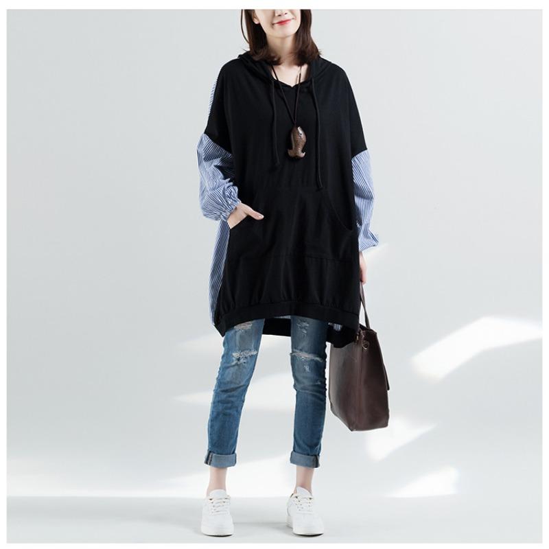Large Size Women's Top Fashion Artistic Stripes Loose Autumn Casual Long Sleeved Hooded Sweatshirt