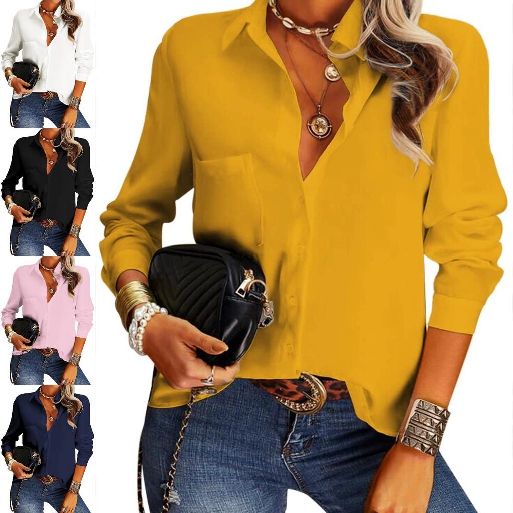 Spring Summer Women's Solid Color Lapel Long Sleeve Shirt Fashion Casual Blouse for Women