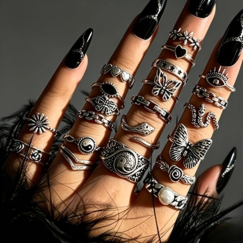 21Vintage Bohemian Style Stackable Ring for WomenButterfly, snake, heart, and petal designs with faux pearls are suitable for everyday wear in