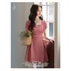 French square collar red lace plaid splicing women's summer small retro medium and long dress comfortable casual dress