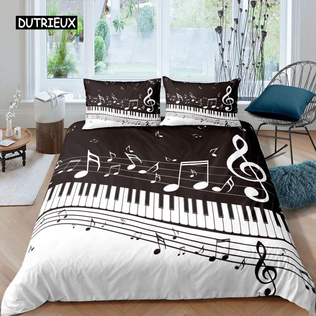 Piano Pattern Duvet Cover Microfiber Classic Music Themed 2/3Pcs Bedding Set Musical Pattern Geometric Stripe King Quilt Cover