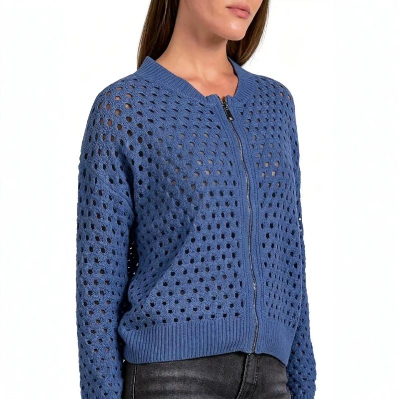 Damen S Lässiger Gestrickter Reißverschluss Pullover Lockerer Sitz Sommerkleidung