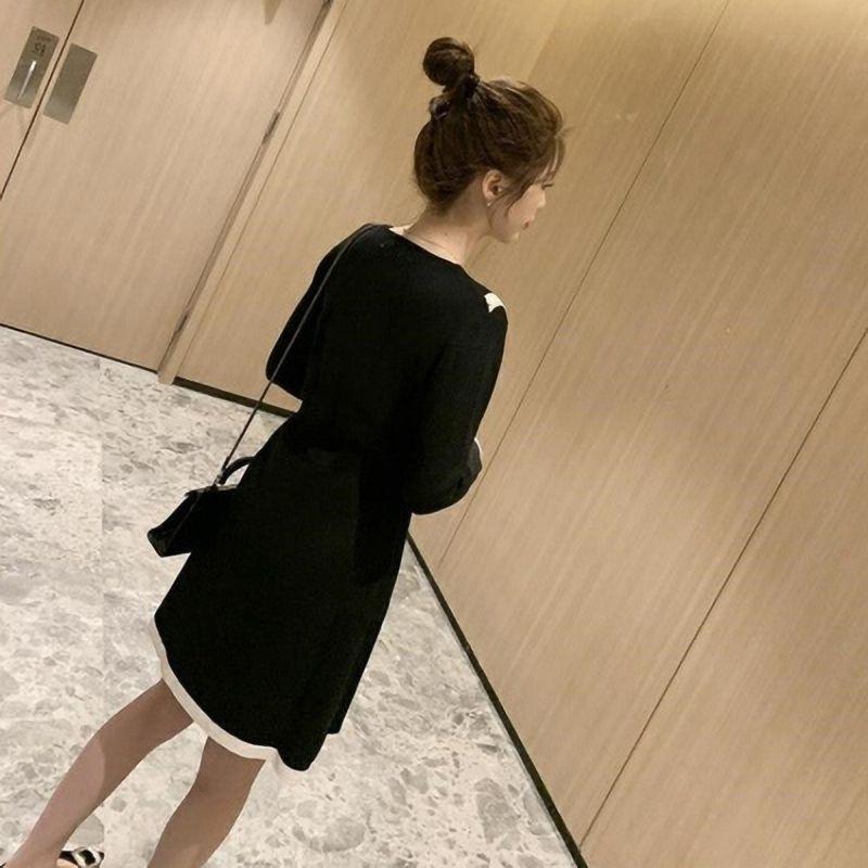 Podzimní a zimní dámské šaty s velkým klopovým límcem, pletené, s pasem, panenkovým výstřihem, středně dlouhé