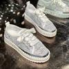 Spring and Summer Hand-sewn Casual Board Shoes Women's New Diamond-encrusted Single Shoes Platform Sequined Muffin Lace-up Women's Shoes