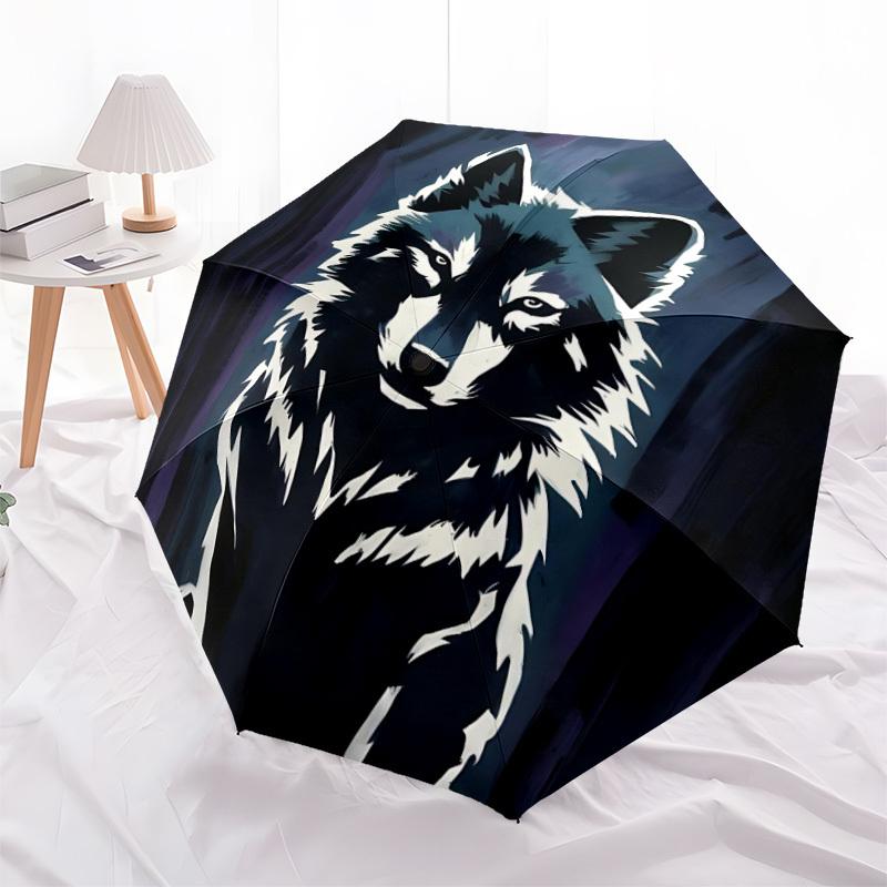 1pc Wolf, Night Automatic Open/Close Umbrella with One-Touch Button, Compact Folding Canopy, Sturdy 8-Rib Windproof Design S15