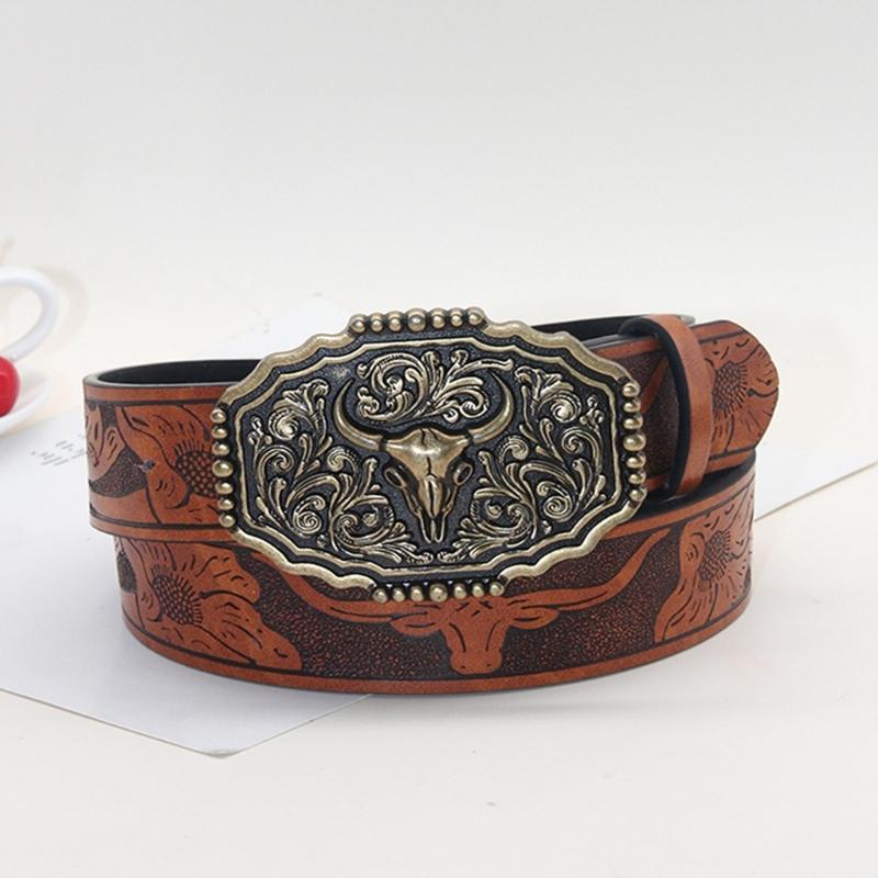 Embossed Pattern Wasitband Adjustable Belt For Daily Use And Outdoor Activity with Metal Bull Head Buckles for Men Women