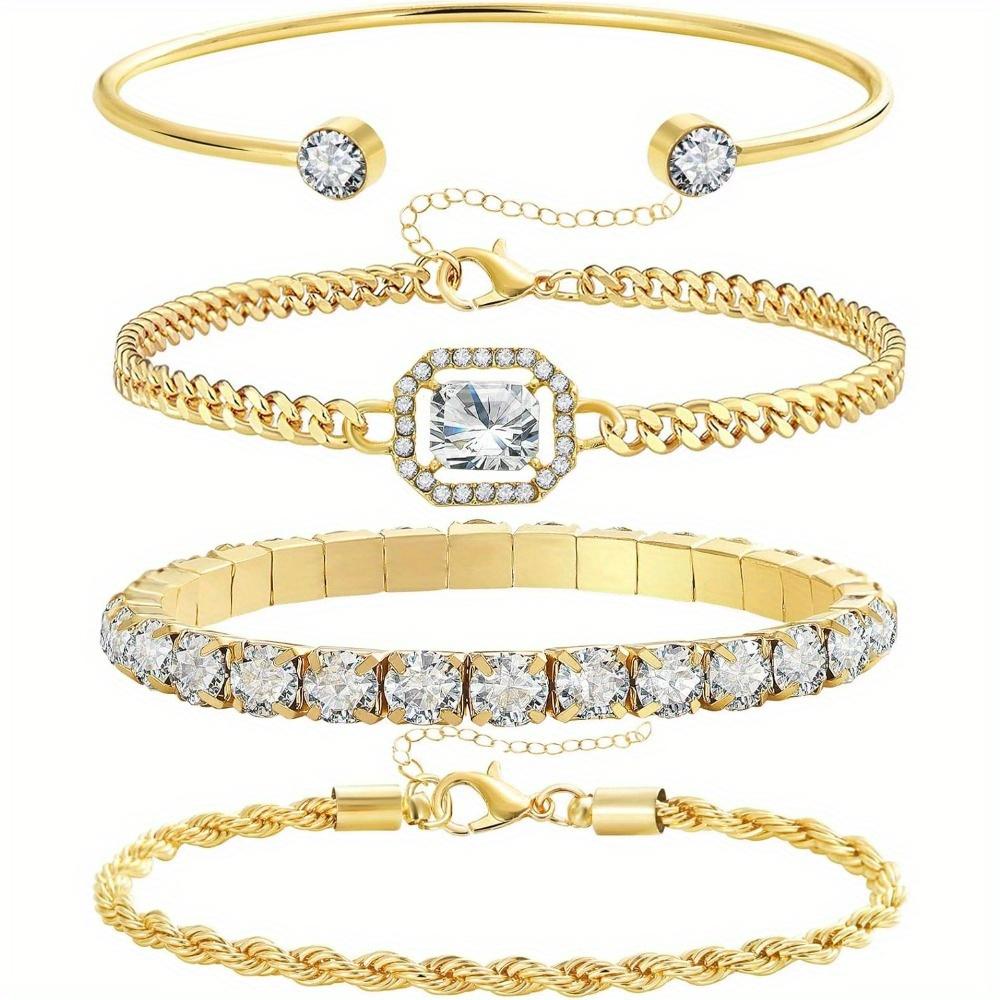 4Exquisite gold and silver bracelet set for women, with cubic zirconia inlay, layered chains, adjustable trendy jewelry