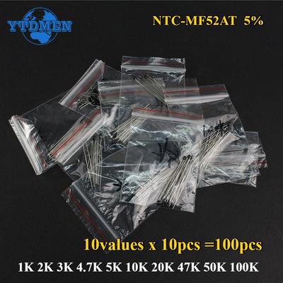 100pcs NTC Thermistor Resistors NTC-MF52AT 10K 1K 2K 3K 4.7K 5K 20K 47K 50K 100K Resistor Kit 5% 3950B 10valuesx10pcs=100pcs