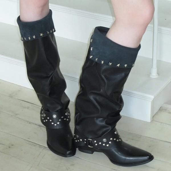 Spice Girl Rivet Pointed Trousers Boots Women'S Retro Belt Buckle Thick Heel Knight Boots Black Pile Boots Women'S