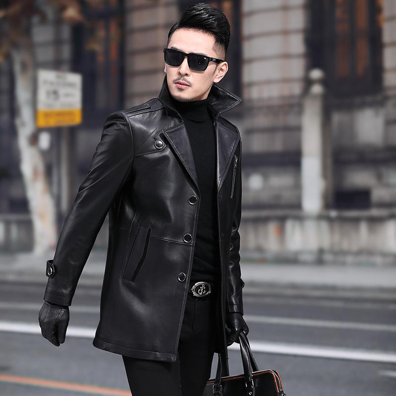 Spring and Autumn Genuine Leather Jacket Men's Mid-Length Men's Suit Sheepskin Jacket Business Windbreaker