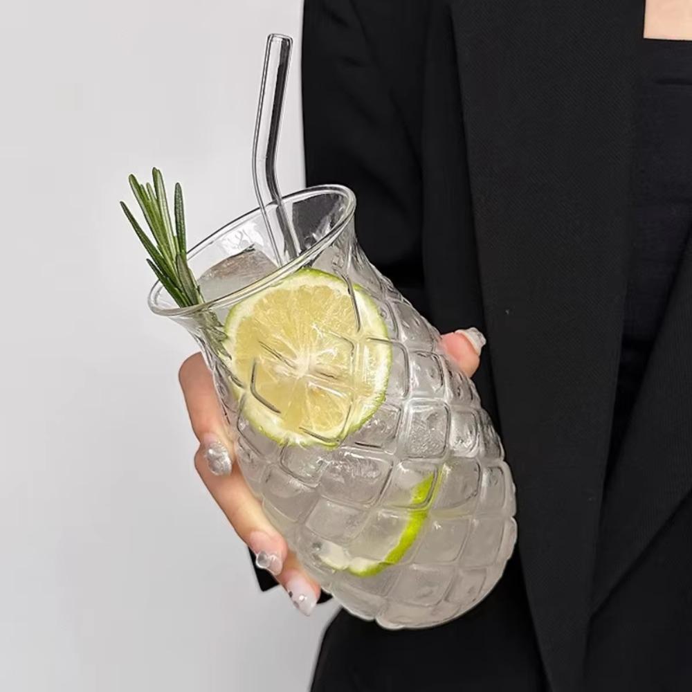 with Straw Pineapple Shaped Glass Cup 480 ML Coffee Mug Creative Water Cup  Restaurant