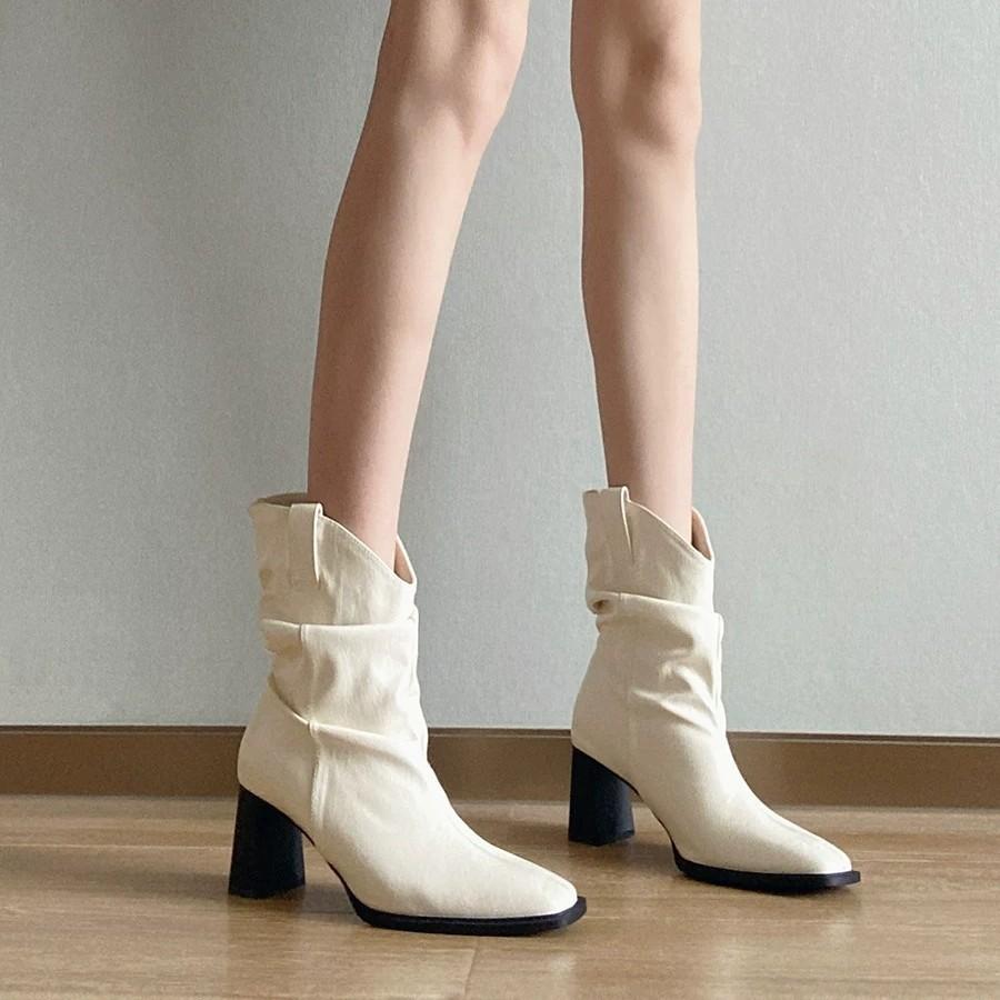 Fashion French minimalist pointed leather boots women's autumn new small thick heel heightening stack fashion boots