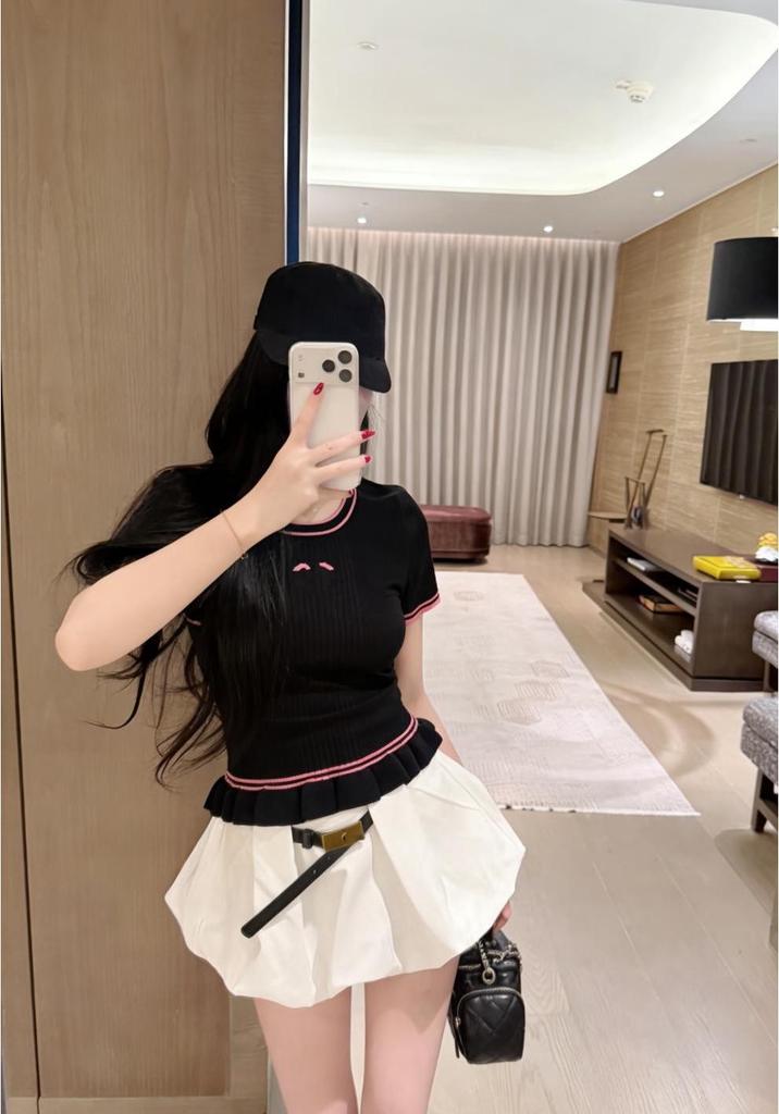 European Style Pink Ruffle Hem Knit Short Sleeve Casual Fashion Top