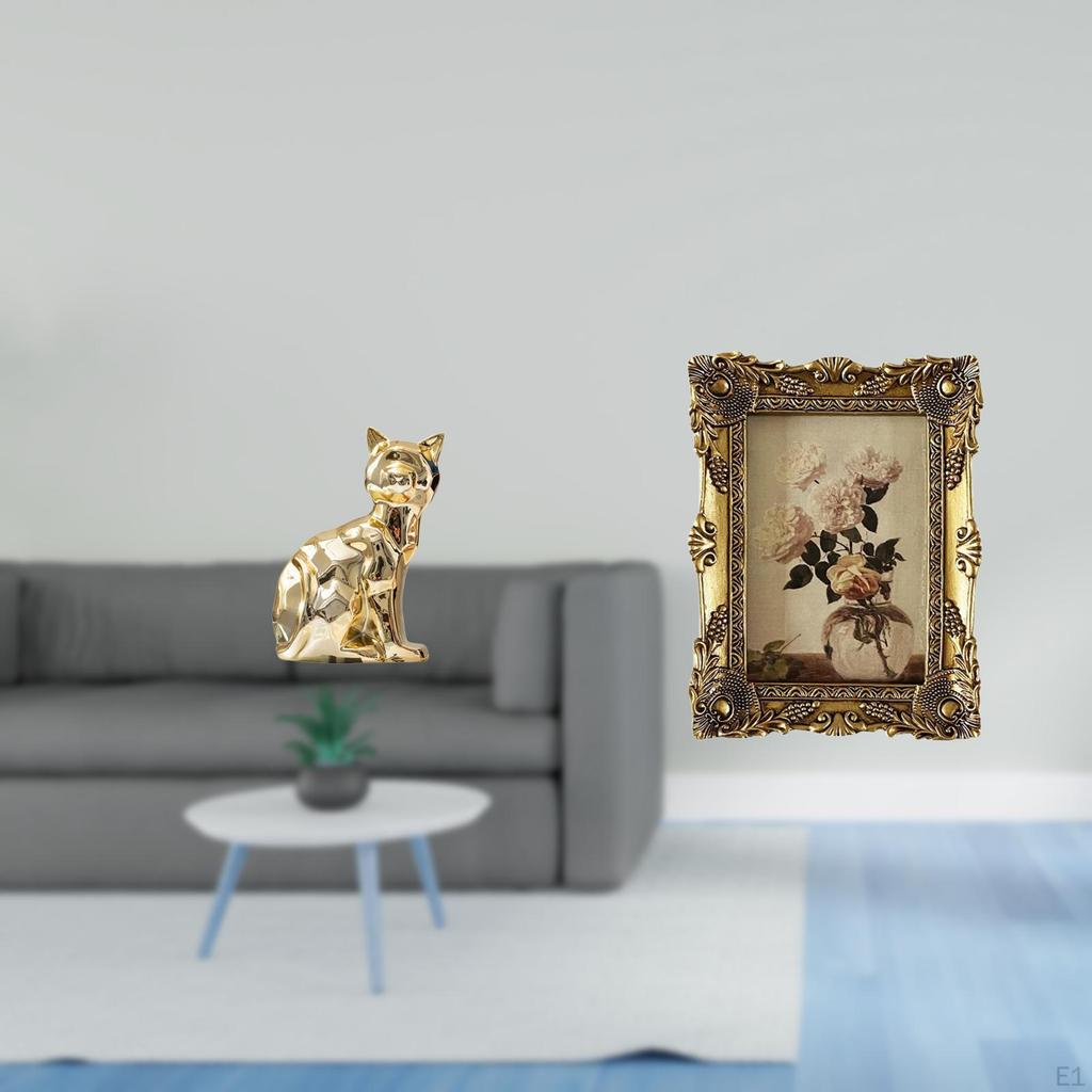 Elegant Feline Sculpture And Vintage Photo Frame for Fireplace Tabletop Display Ornamental Home