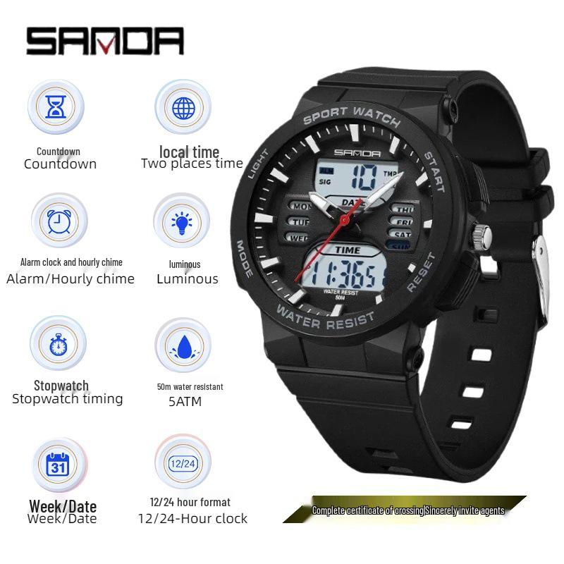 Sanda Trendy Waterproof Student Watch: Luminous, Multi-functional Alarm Clock, Electronic Timer. чёрный