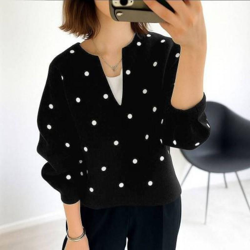 6 Colors Loose Fit V-Neck Long Sleeve Sweatshirt Polka Dot Cotton Blend Top Women