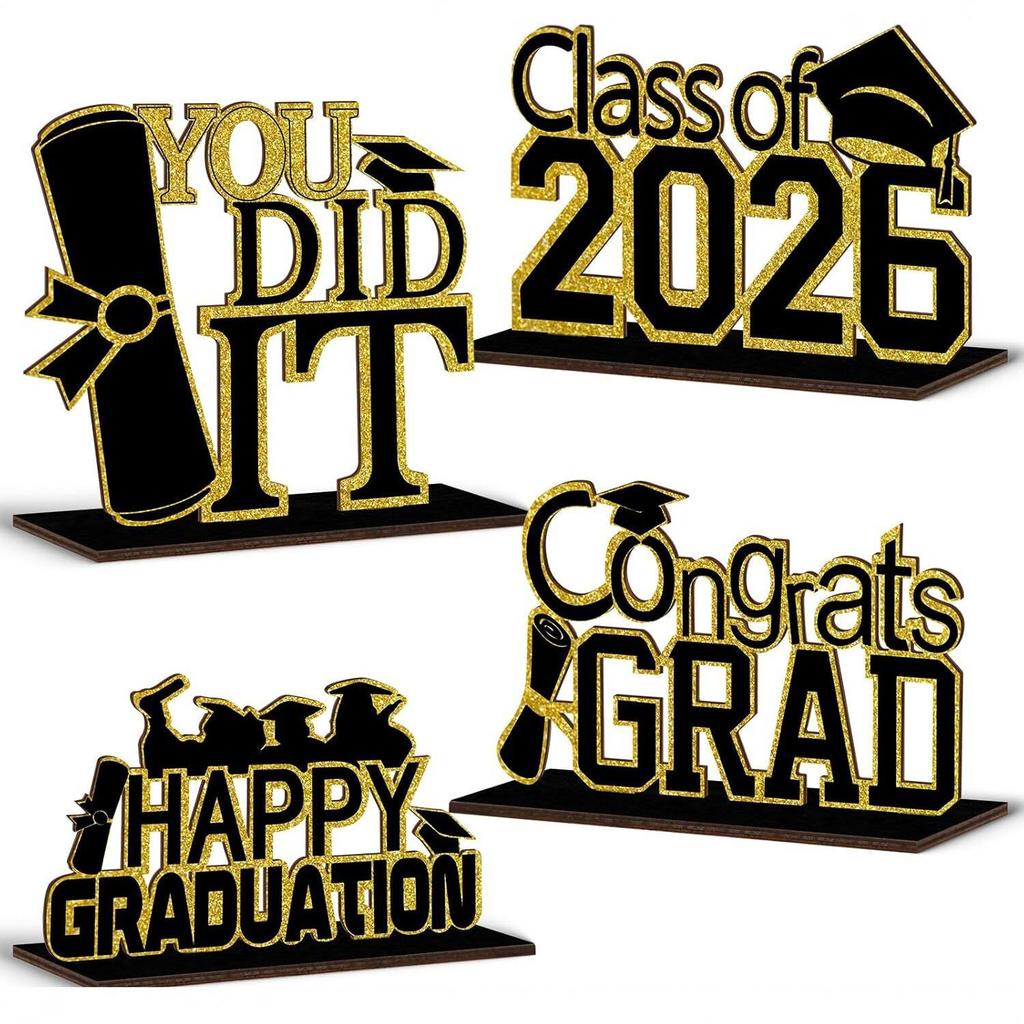 2026 Graduation Desktop Decor: Set of 4 Wooden Ornaments for Party Scenes